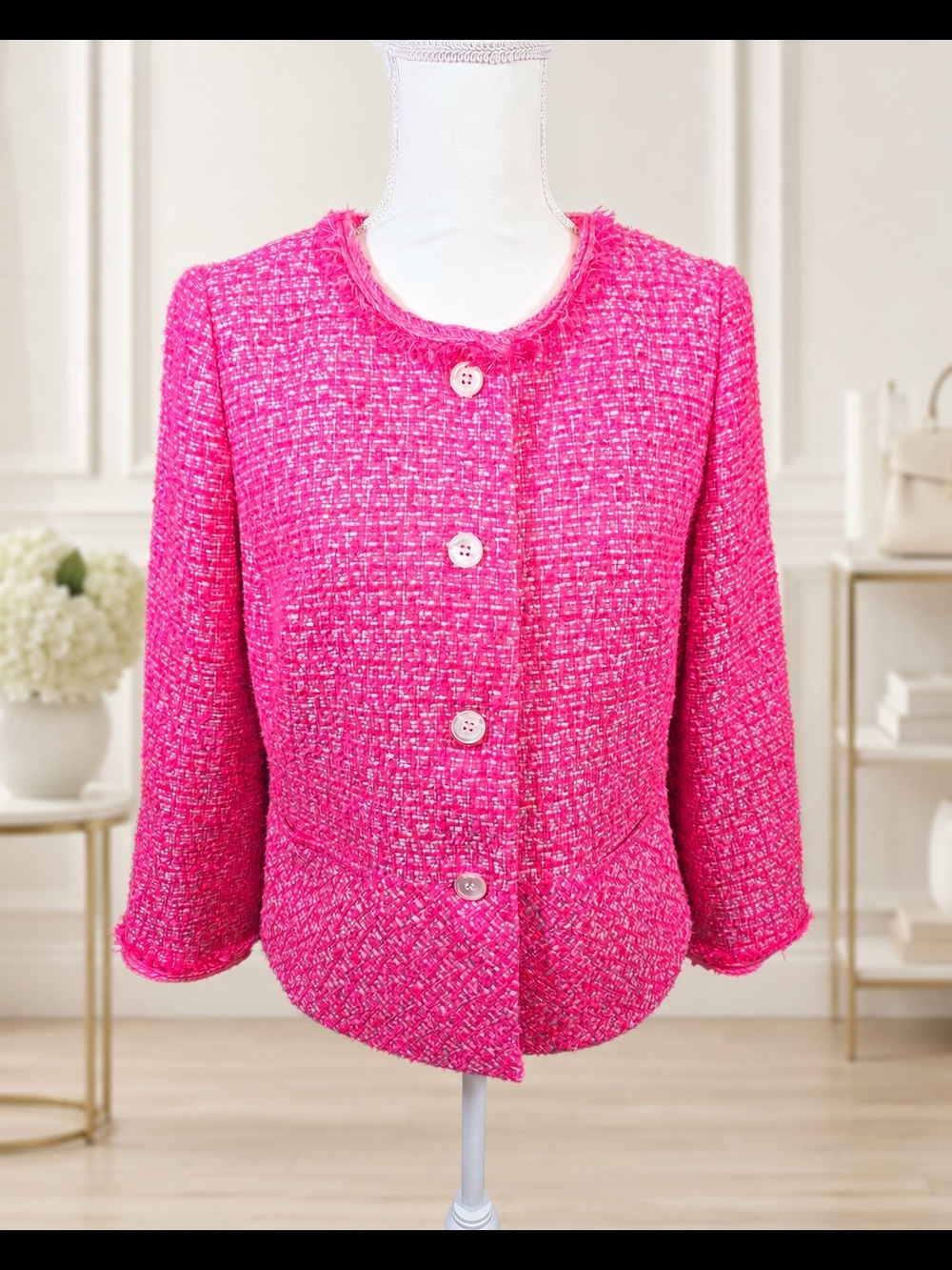 Talbots Hot Pink Bouclé Jacket with White Straight-Leg Pants NWOT - Picture 6 of 7